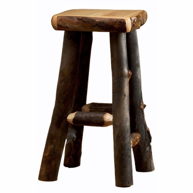 Bar Stool Aspen Log with Raw Bark Legs and Smooth Rectangular Seat