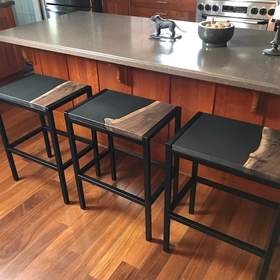 Bar Stool Backless Live Edge Walnut on Matte Black Metal Frame