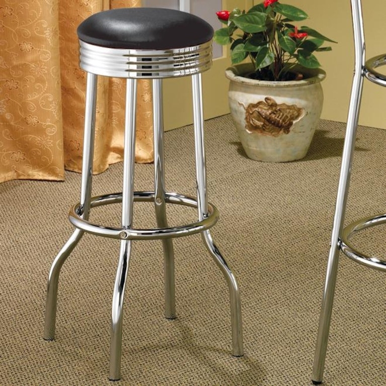 Bar Stool Backless Upholstered Black Swivel Retro Ribbed Chrome