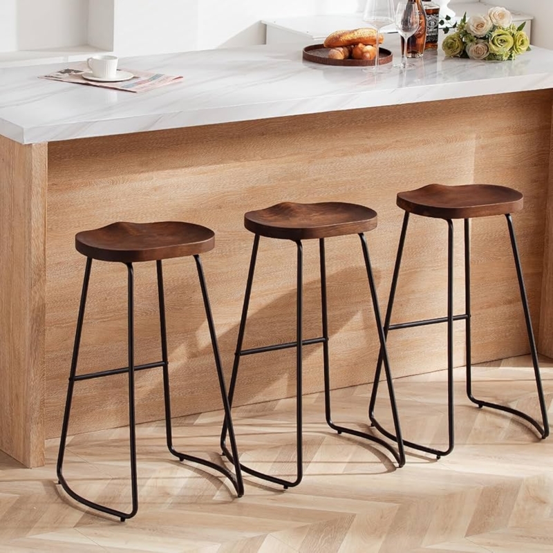 Bar Stool Backless Walnut Saddle Seat on Black Metal Sled Base