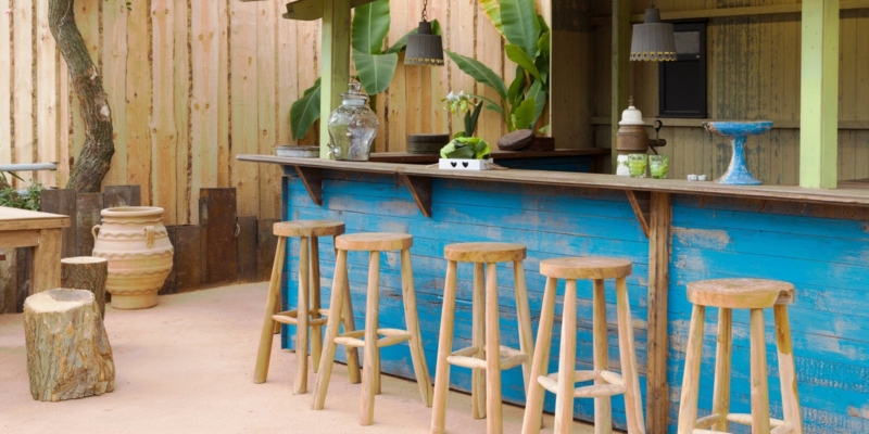 Bar Stool Backless Wooden Design with Distressed Blue Base