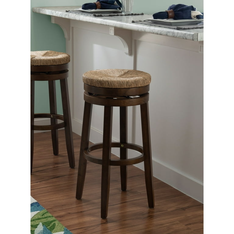 Bar Stool Backless Woven Seagrass Seat Walnut Finish Swivel Base