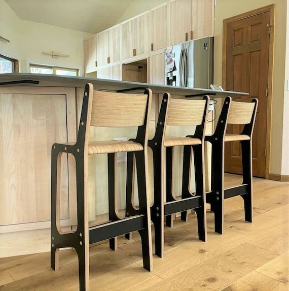 Bar Stool Black Plywood Curved Wood Backrest Exposed Layered Edges