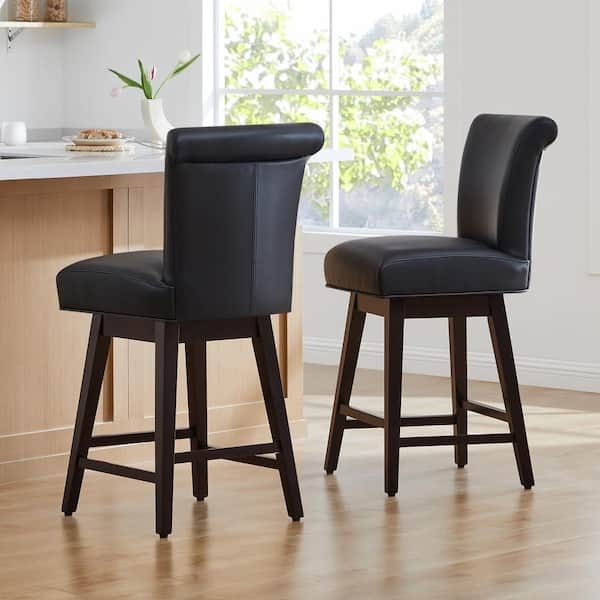 Bar Stool Black Rolled Back Faux Leather Swivel High Back