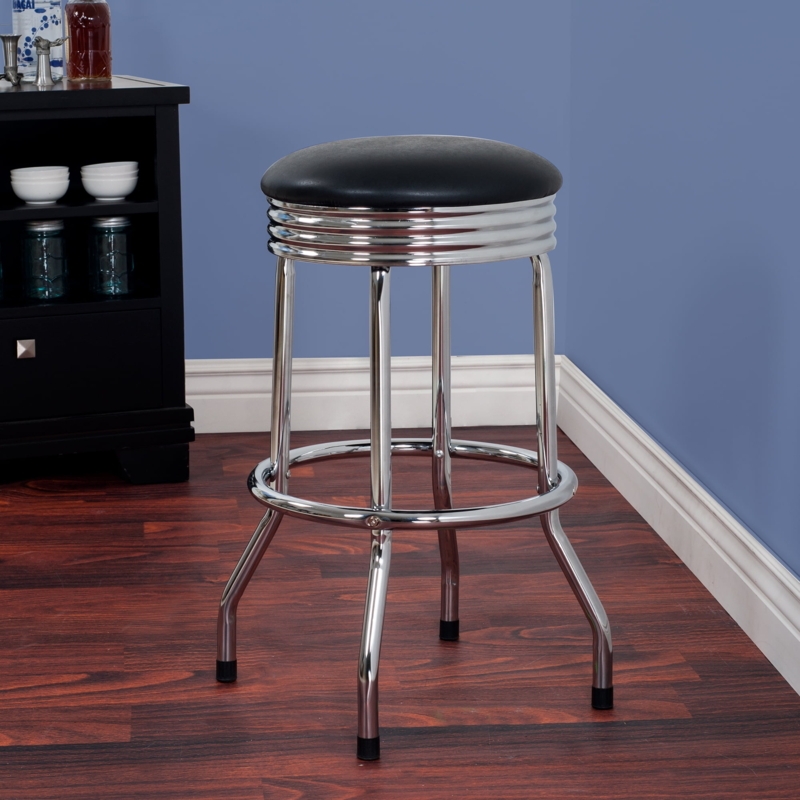 Bar Stool Black Swivel Padded Top Mid-Century Ribbed Chrome