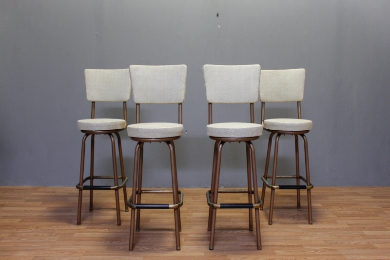 Bar Stool Bronze Metallic Frame Swivel Cream Vinyl Mid Century Modern