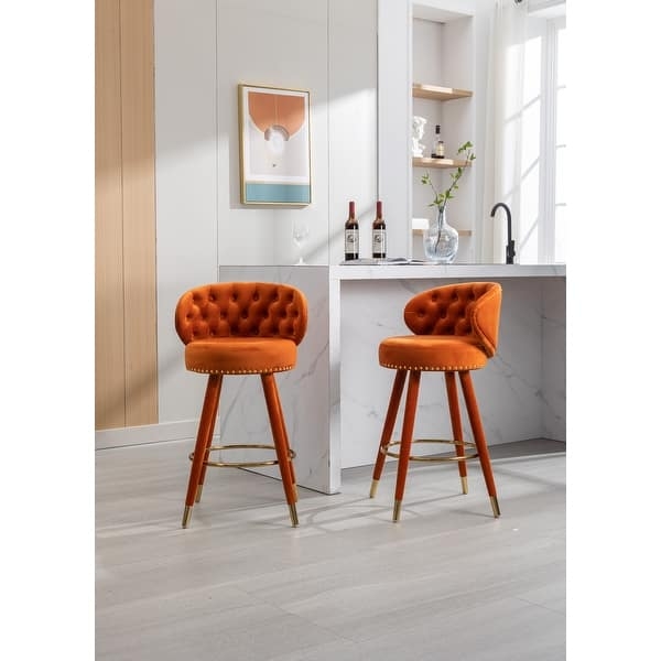 Bar Stool, Button Tufted Velvet on Wood Legs with Gold Footrest Ring