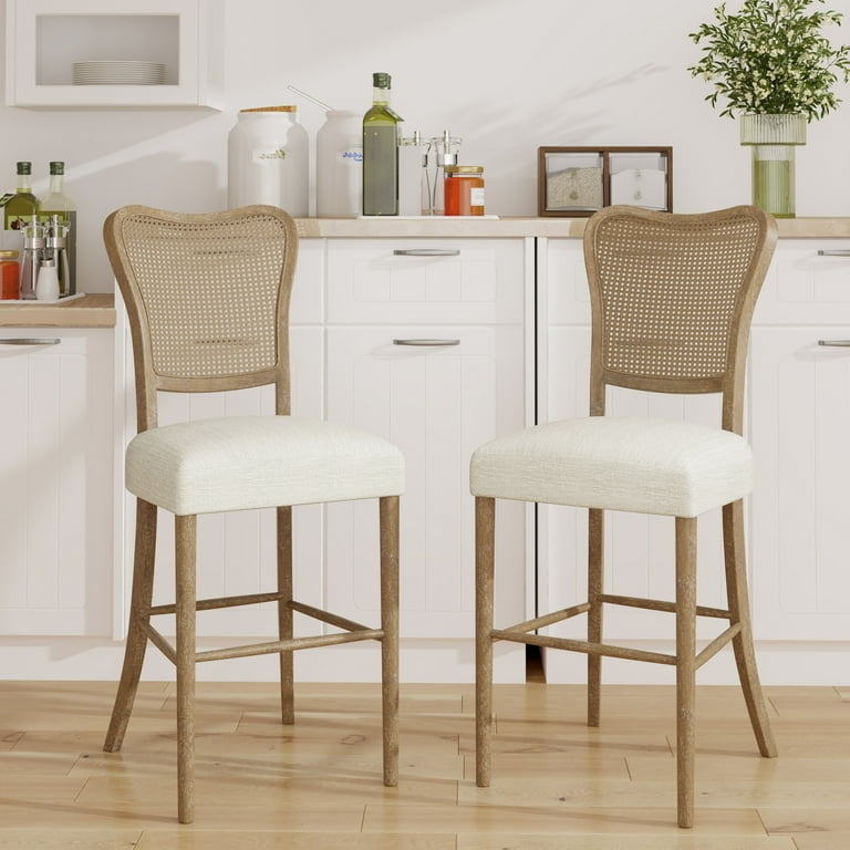 Bar Stool Cane Backrest Scalloped Frame Upholstered Seat Vintage