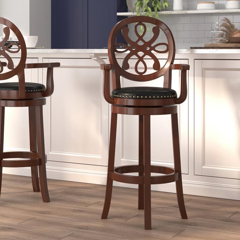 Bar Stool Carved Fretwork Back Brandy Finish Swivel Base