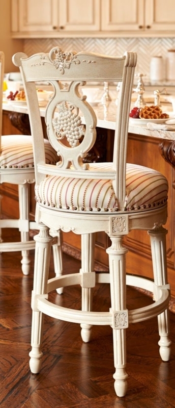 Bar Stool Carved Grape Back Medallion Swivel Base Striped Seat