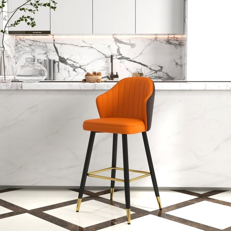 Bar Stool, Channel Tufted Upholstery with Gold Leg Caps