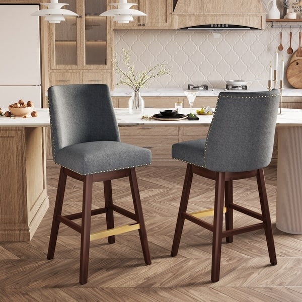 Bar Stool Charcoal Grey Upholstery Nailhead Trim Brass Footrest Swivel