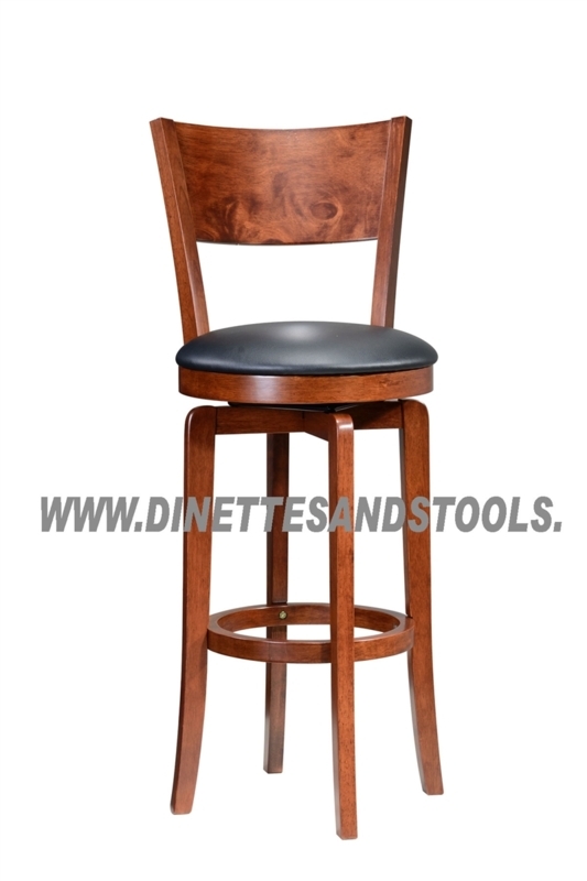Bar Stool Cherry Finish Swivel Seat Curved Backrest Black Upholstery