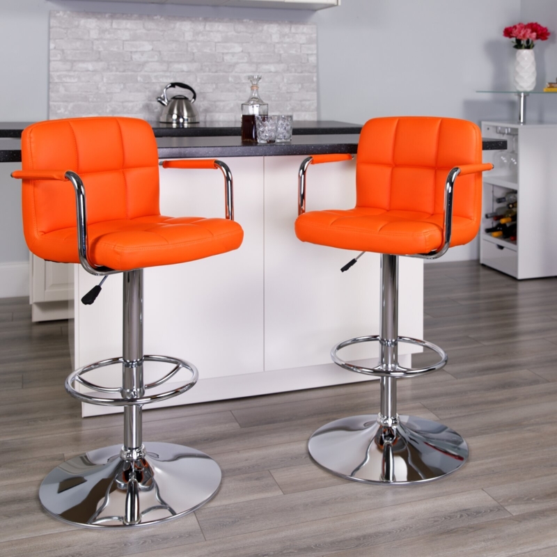 Bar Stool, Chrome Pedestal Base with Arms and Square Tufted Seat