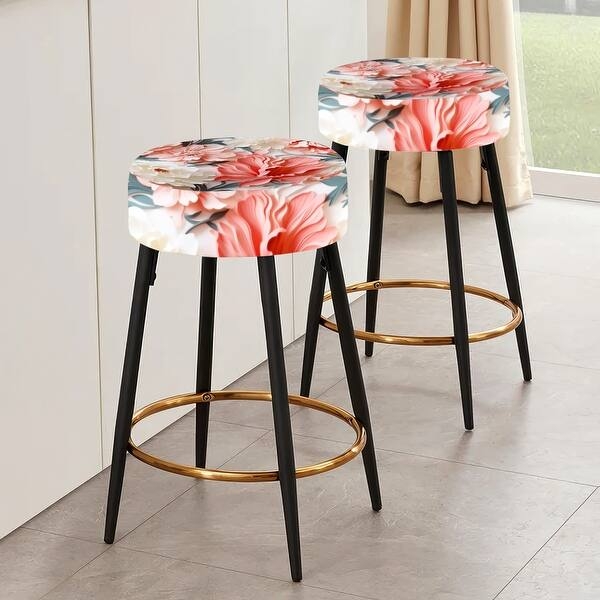 Bar Stool Coral Floral Pattern Backless Design with Gold Accents