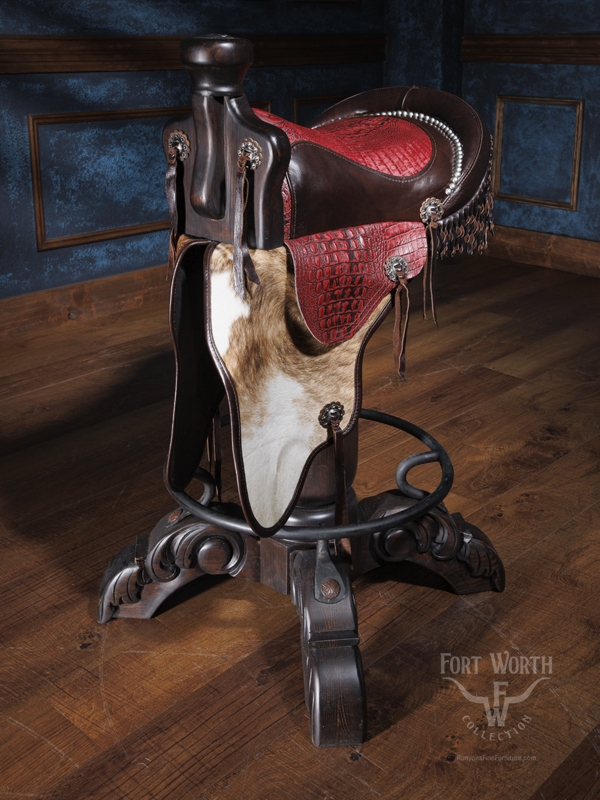 Bar Stool Crocodile Embossed Hair On Hide Hand Carved Luxury Ranch