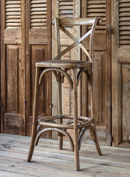 Bar Stool Cross Back Distressed Finish Circular Footrest