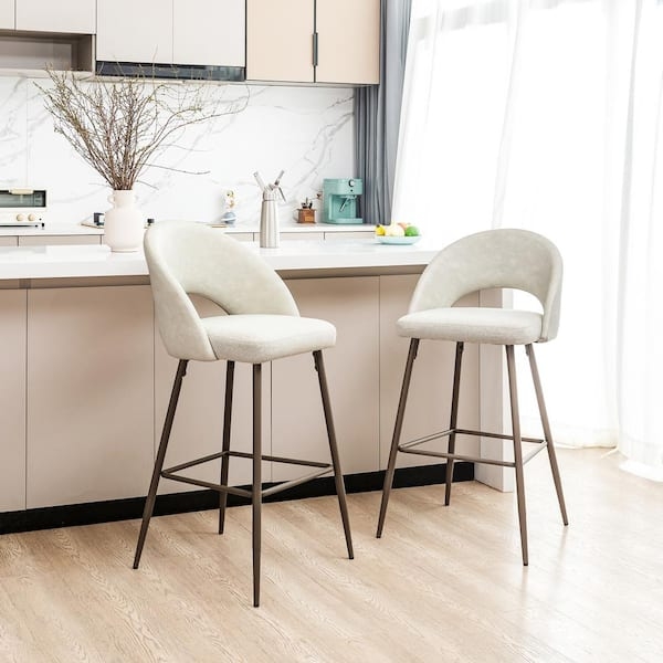 Bar Stool Curved Open Back Pale Grey Upholstery Tapered Metal Legs