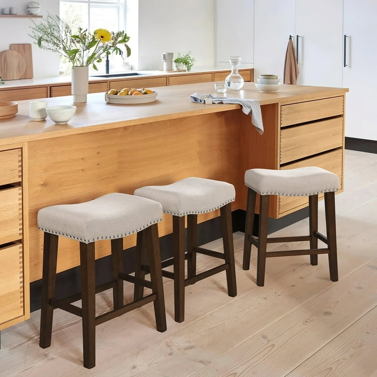 Bar Stool Dark Wood Base Warm Beige Backless Saddle Counter Seating