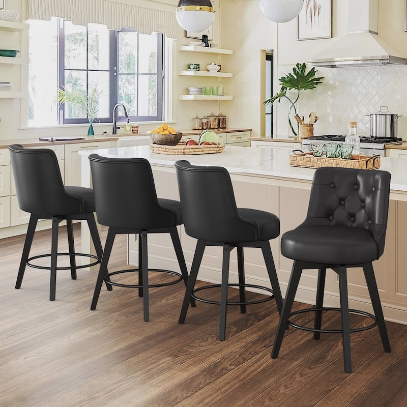 Bar Stool Diamond Tufted Back Matte Black Swivel Circular Footrest