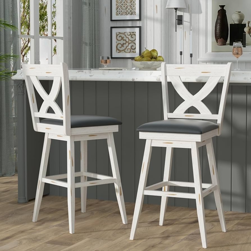 Bar Stool Distressed Antique White X-Back Swivel Upholstered Seat