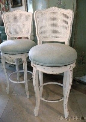 Bar Stool Distressed White Cane Backrest Pale Blue Round Seat Shabby Chic