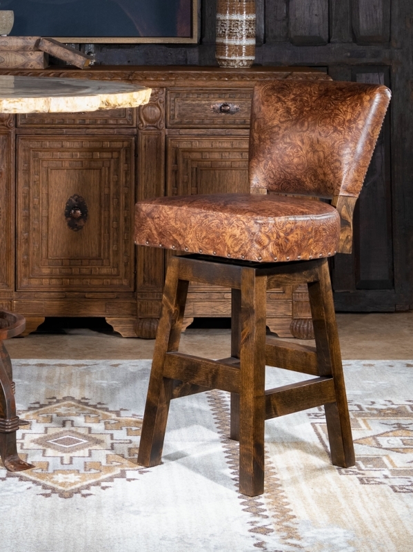 Bar Stool, Embossed Floral Upholstery, Swivel Seat, Armless Western Style