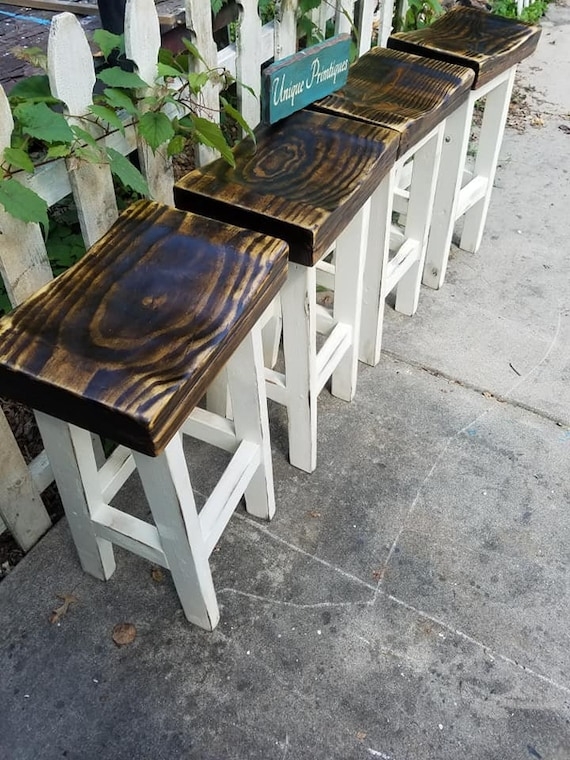 Bar Stool Farmhouse Two-Tone Contoured Wood Seat Chunky