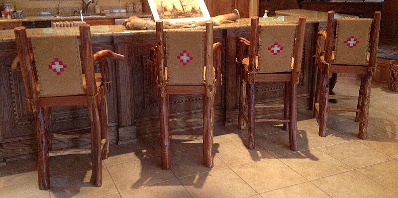 Bar Stool featuring Natural Branch Arms and Geometric Back Embroidery