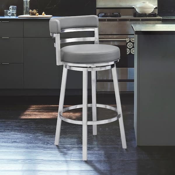 Bar Stool Grey Faux Leather Horizontal Slat Back Brushed Steel Swivel
