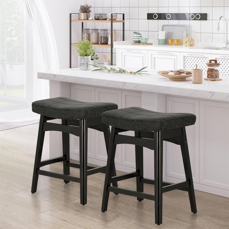Bar Stool Grid Stitching Matte Black Leather-Like Modern Farmhouse