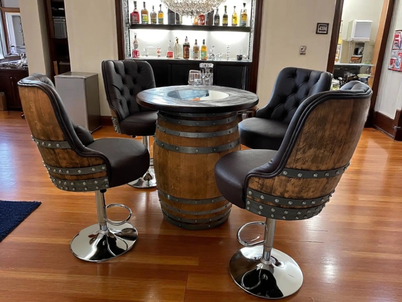Bar Stool Hydraulic Base Polished Chrome Barrel Stave Back Luxury