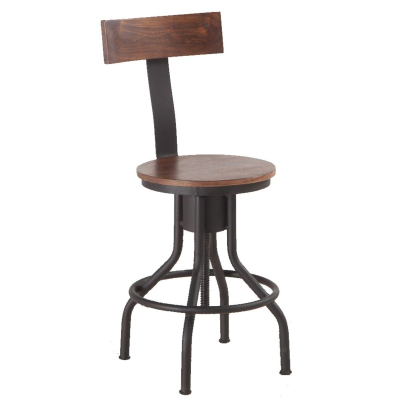 Bar Stool Industrial Adjustable Height Screw Mechanism Wood Seat