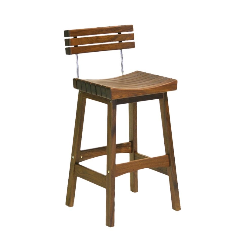 Bar Stool Ipe Wood Slatted Contoured Seat Metallic Supports