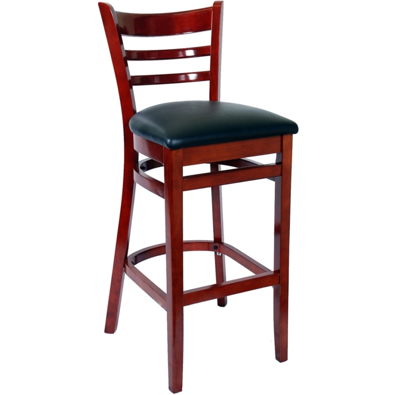 Bar Stool Ladder Back Reddish Brown Finish Black Padded Seat