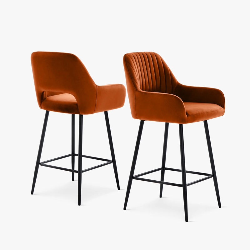 Bar Stool, Lumbar Cut-Out Velvet Seat with Channel Tufting and Arms
