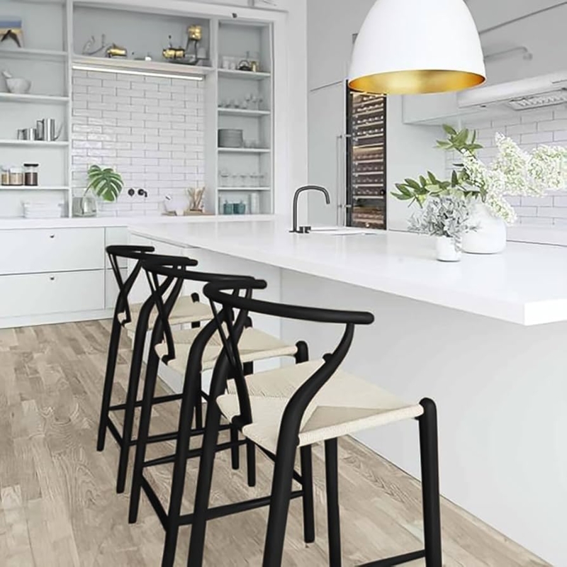 Bar Stool, Matte Black Wood Wishbone with Woven Cord Seat.