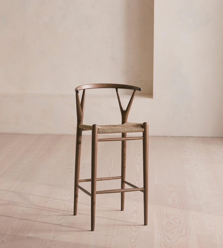 Bar Stool, Mid-Century Walnut Wishbone with Woven Cord Seat.