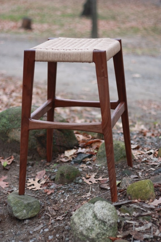Bar Stool Mid-Century Walnut with Woven Danish Cord Seat