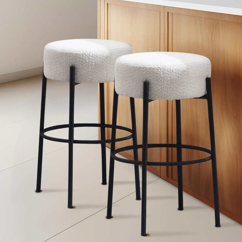 Bar Stool, Minimalist Round Textured Bouclé Seat on Matte Black Frame