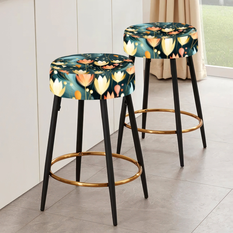 Bar Stool Modern Botanical Print Seat with Gold Footrest Ring