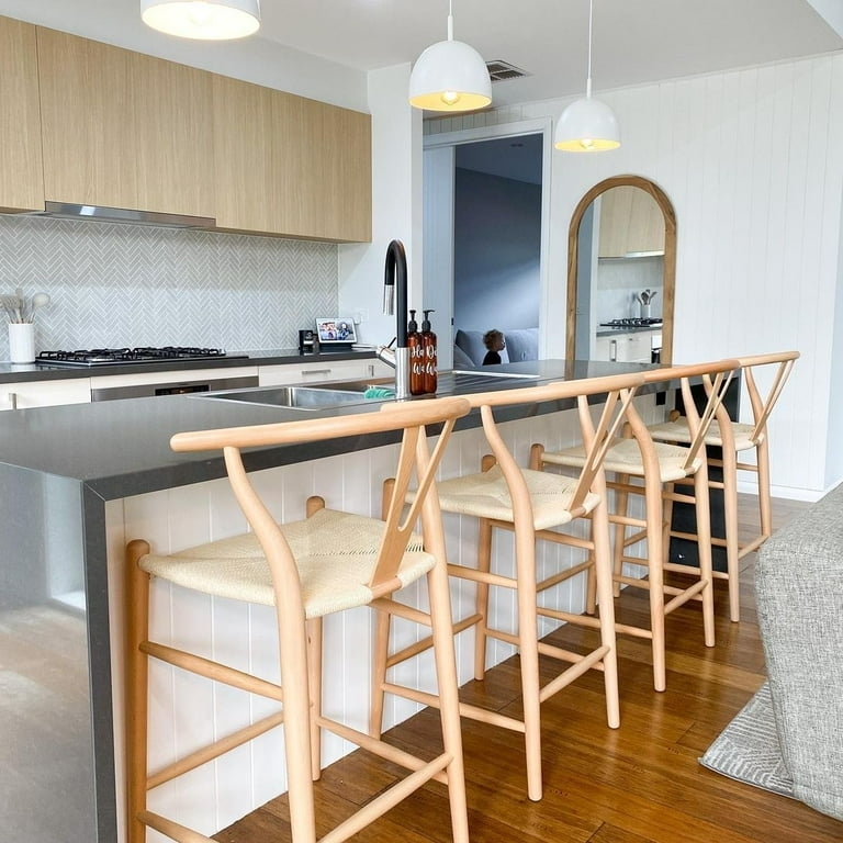 Bar Stool, Natural Wood Farmhouse Wishbone with Woven Seat.