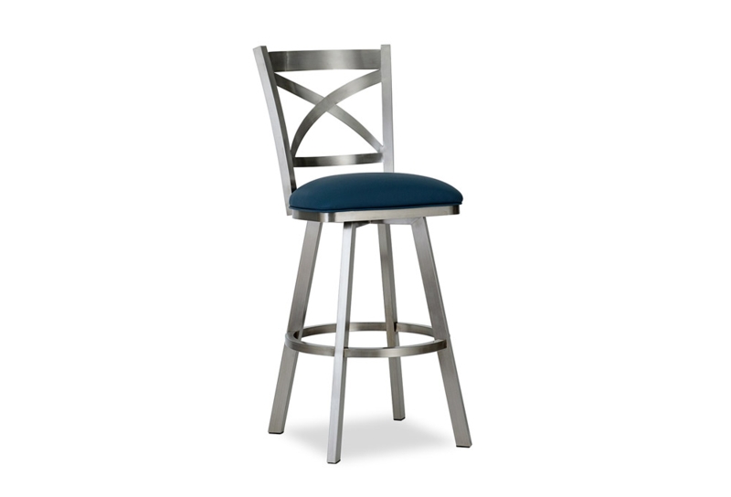 Bar Stool Navy Blue Upholstery Brushed Steel X-Back Design Swivel