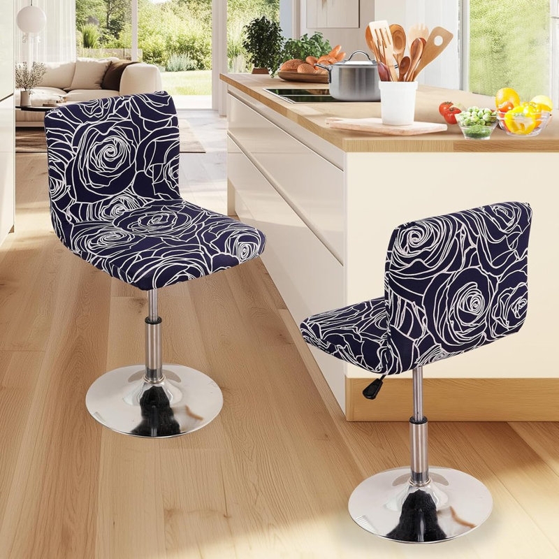 Bar Stool Navy Floral Rose Line Art Slipcover Chrome Pedestal