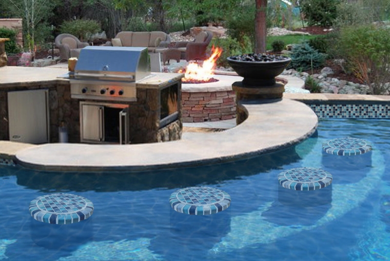 Bar Stool: Ocean Blue Mosaic Tile Submerged Seating for Swim-Up Bar.