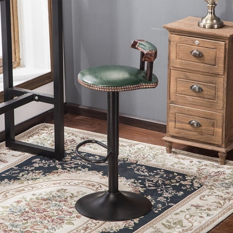 Bar Stool on Pedestal Base, Forest Green Leather with Studded Trim