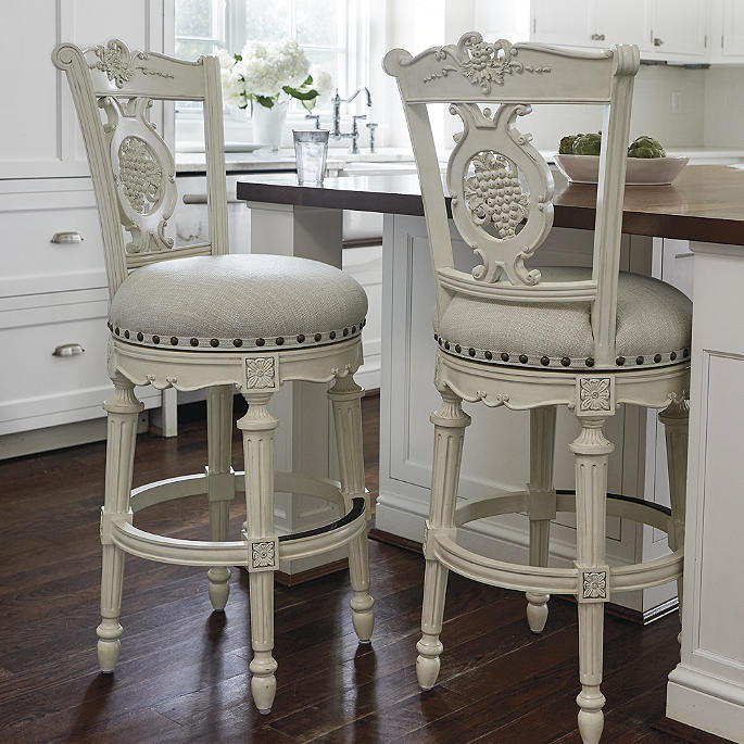 Bar Stool Ornate Grape Motif Carving Distressed Cream Finish Swivel