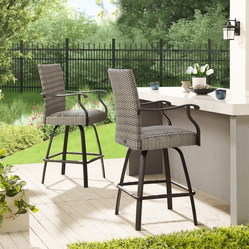 Bar Stool Outdoor Swivel Grey Wicker Woven Padding Curved Arms