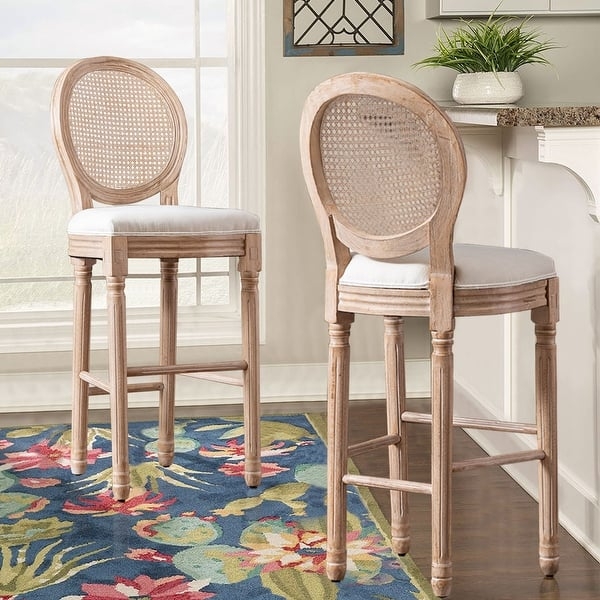 Bar Stool Oval Cane Back Fluted Legs Distressed Wood French Country