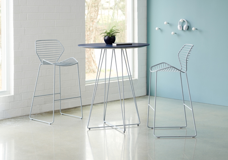 Bar Stool Pale Blue Powder Coated Horizontal Slats Wire Frame Minimalist